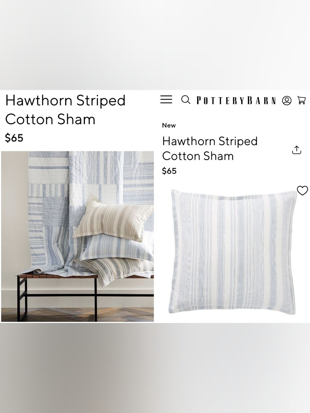Set of 3 Pottery Barn Woven Striped Euro Shams 26x26 Cotton Blue Cream 6784541